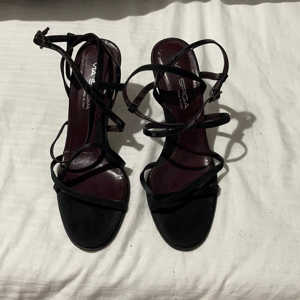 Via Spiga 8 black heels suede satin mixed straps euc worn once